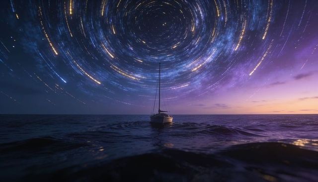Lonely sailboat under vivid star trail spiral at twilight over calm ocean horizon