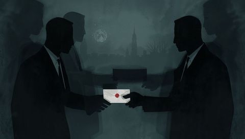 Men exchanging sealed envelope at night noir silhouette with wax seal secret urban exchange