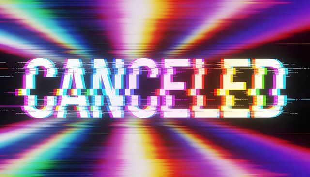 Glitch neon cancelled text with rgb offset and scan-line distortion for posters
