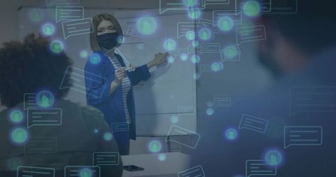 Masked corporate trainer pointing at whiteboard with floating chat avatars overlay