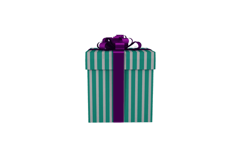 Blue striped gift box with purple ribbon on transparent background