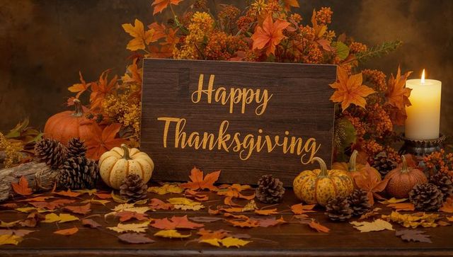 Warm Rustic Thanksgiving Table Display Featuring Wooden Happy Thanksgiving Sign, Pumpkins