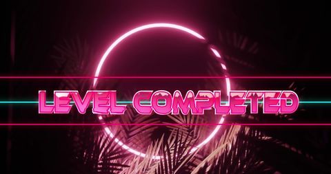 This graphic featuring a 'Level Completed' text overlay in neon hues with a futuristic vibe is ideal for gaming applications, retro-themed digital art, or for use in technology events. The bright neon against a dark backdrop creates a striking, modern aesthetic perfect for creatively showcasing completion status across platforms.