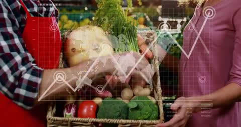 Vendor Offering Vegetable Basket While Customer Picking Produce with Map Data Overlay