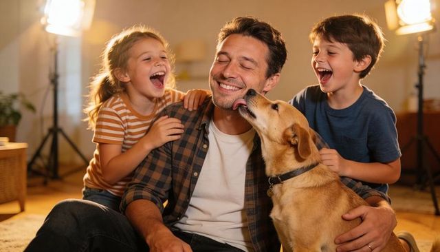 Dad laughing with kids as dog is licking his face in cozy family living room scene