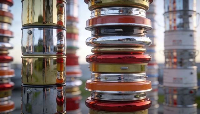 Glinting chrome rings and colored bands reflecting coastal light at sculpture columns