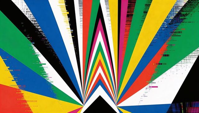 Radiating chevron burst with vibrant rainbow rays, halftone grunge, bold geometric design