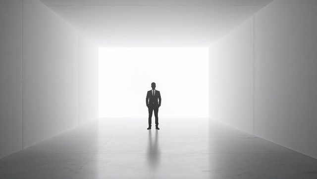 Standing Silhouette in Minimalist Corridor Wearing Suit and Tie Facing Bright Rectangular Opening