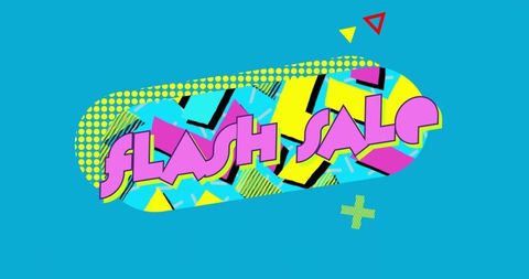 Retro pop art flash sale banner with geometric shapes and vibrant 80s style colors design