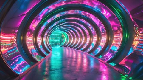 Futuristic Tunnel of Neon Reflections and Vivid Lights