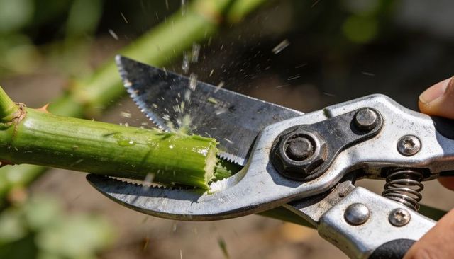 Pruning shears cutting thorny rose stem with sap spraying closeup garden pruning action