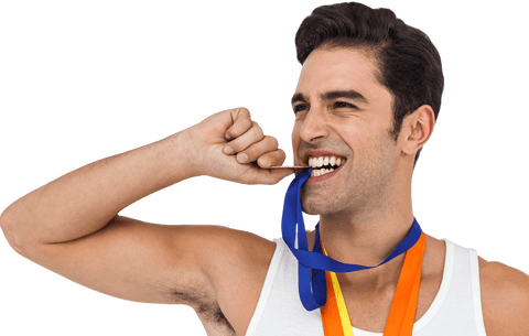 Male Athlete Celebrating Victory with Gold Medals Transparent Background