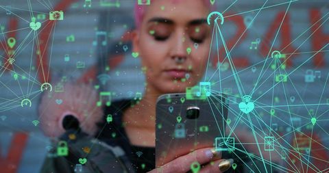 Connected world with woman using smartphone