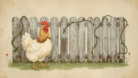 Rustic countryside cartoon chicken by wooden fence with vines and wildflowers