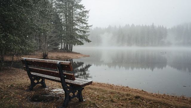 Lonely wooden bench overlooking misty lake with falling snow and evergreen reflection
