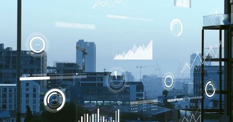 Digital Analytics Overlay on Modern City Skyline with Construction Cranes