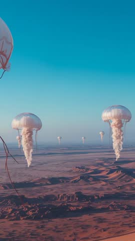 Panning vertical video revealing jellyfish-like creatures drifting over desert dunes at golden hour