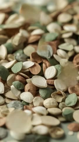 Tricolor seeds drifting and settling on tabletop mound creating soft organic texture video
