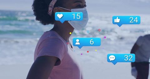 Masked woman on beach with social media notification overlays showing online engagement