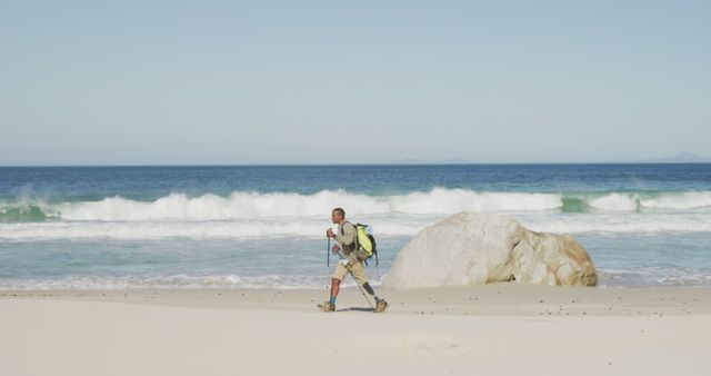 Hiker Walking on Sandy Beach Near Ocean Waves - Download Free Stock Images Pikwizard.com