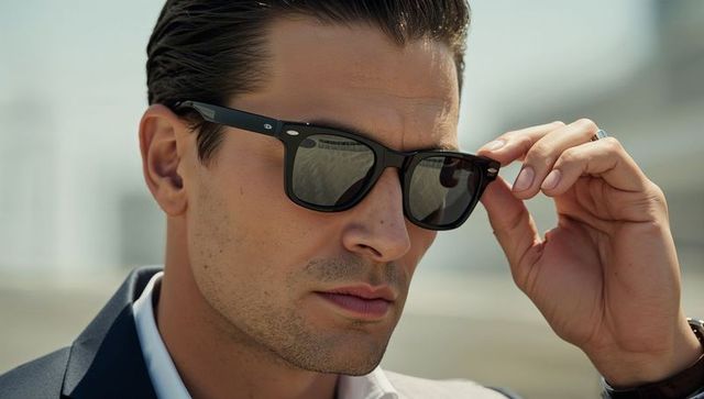 Adjusting black sunglasses by confident executive wearing dark blazer and silver ring, desaturated
