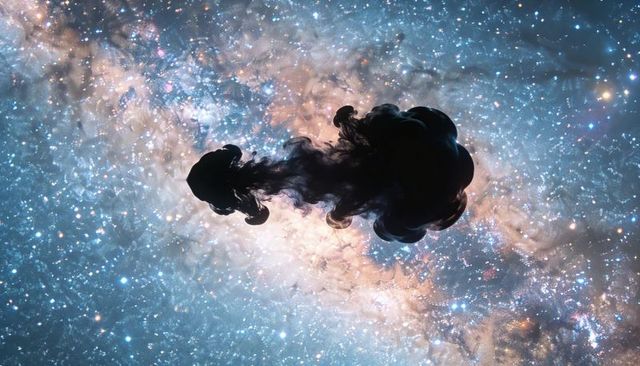 Dark ink cloud drifting through luminous cosmic nebula revealing sparkling star field