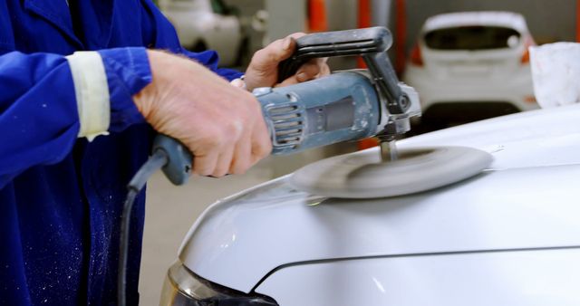 Mechanic Polishing Car Body with Electric Buffer in Auto Repair Shop - Download Free Stock Images Pikwizard.com