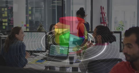 Diverse Team Discussing Data with Futuristic Infographic