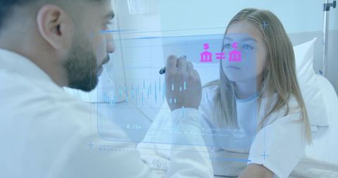 Doctor projecting holographic medical financial data while pediatric patient watching at bedside