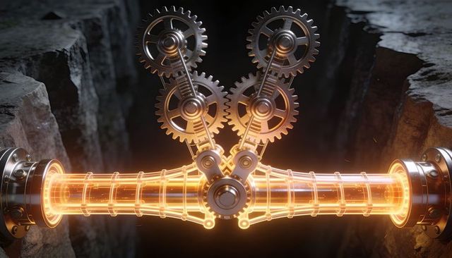 Glowing segmented energy conduit with interlocking gears spanning rocky fissure