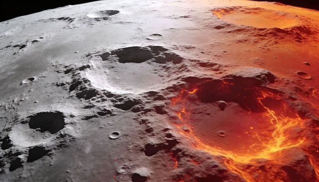 Molten lunar basin with flowing lava, glowing veins and deep pitted craters on regolith