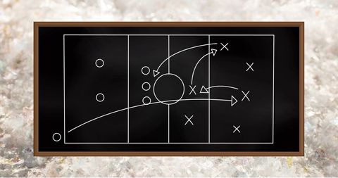 Strategic Game Play Diagram on Blackboard Over Abstract Background