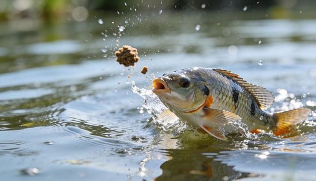 Carp leaping for bait pellet with dramatic splash, ripples and sunlit water motion