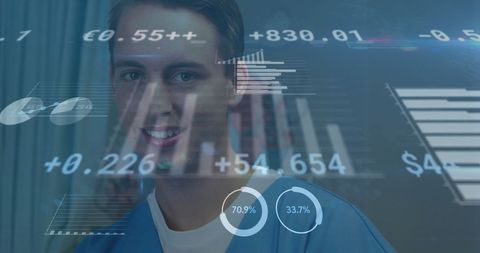 Smiling doctor with data overlay representing global medical innovation