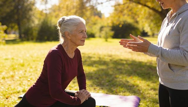 Senior woman stretching with coach in sunlit park for active aging and outdoor fitness