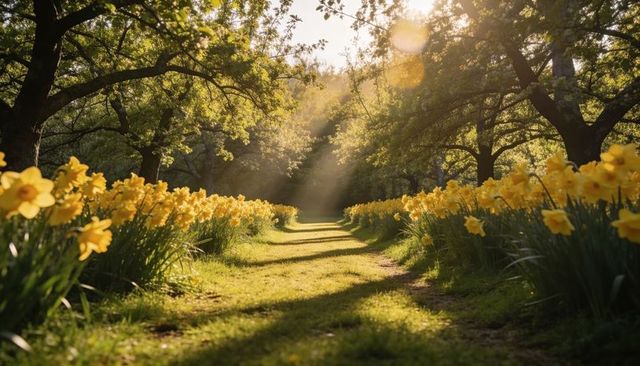 Sunlit daffodil avenue under oak canopy, golden morning rays lighting serene garden path