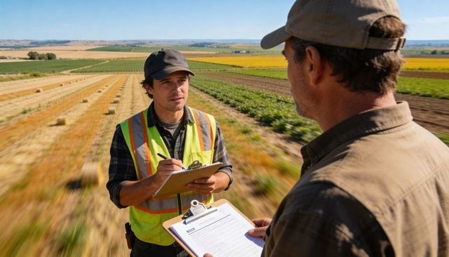 Field inspection team assessing crop health with clipboard and hi-vis vest on farmland