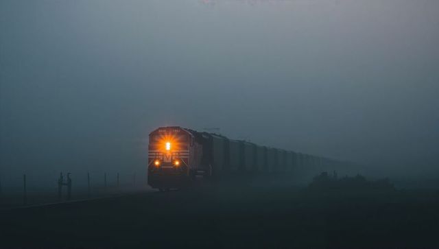 Diesel Freight Locomotive Cutting Through Dense Morning Fog with Bright Haloed Headlight