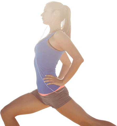 Active young woman stretching in workout gear on transparent background