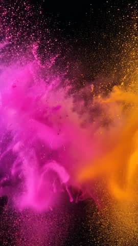 Bursting magenta and orange pigment clouds expanding and blending in vertical motion