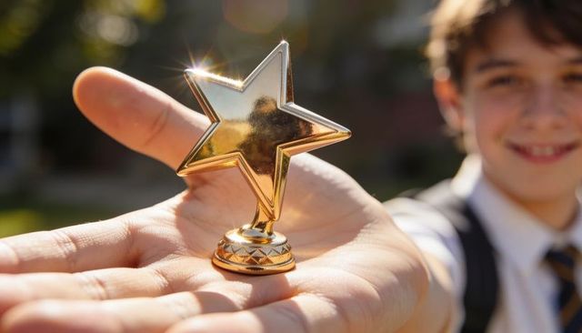 Smiling schoolboy holding gold star trophy on palm celebrating academic achievement