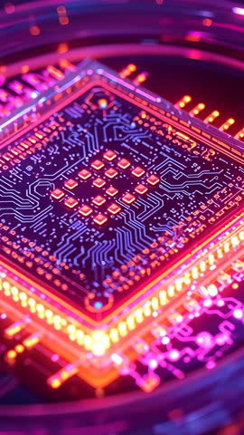 Vertical Macro Video Zooming Microchip while Sequenced Test Pads Light Up for Lab Analysis