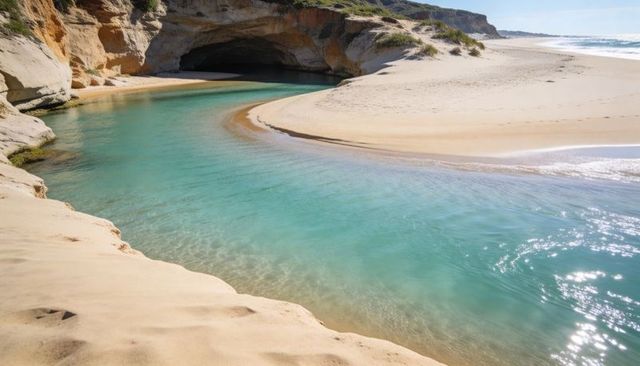 Turquoise tidal inlet curving into sea cave at sunlit coastal cove
