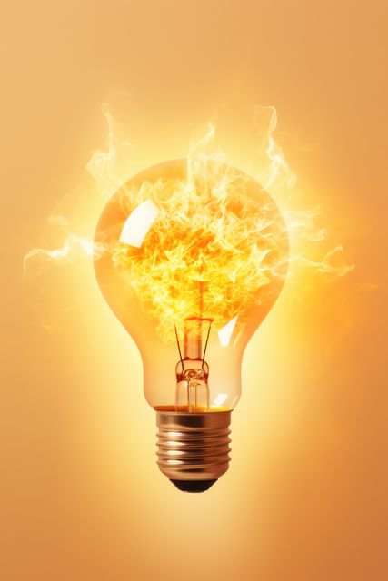 Light bulb with colour explosion on yellow background, created using generative ai technology. Light, electricity, energy and explosion concept digitally generated image.