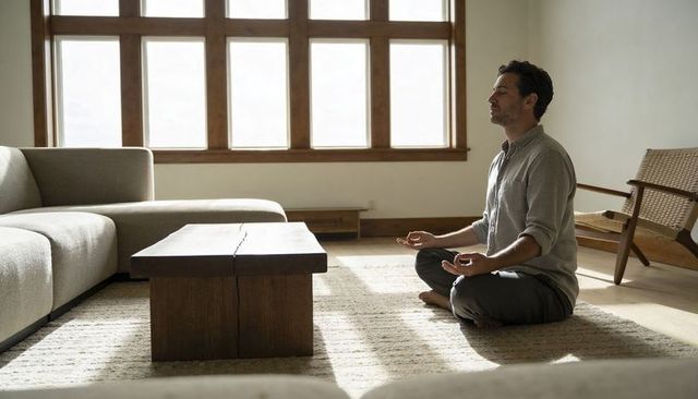Meditating man practicing mindfulness in sunlit minimalist living room with neutral tones