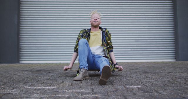 A young man is laughing while sitting on the ground in an urban area. He is dressed in casual clothing, including ripped jeans and sneakers. This scene can be used for concepts related to youth, urban lifestyle, fashion, happiness, and carefree moments.