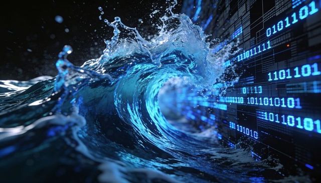 Neon blue data wave merging with binary stream, cybernetic flow and tech surge