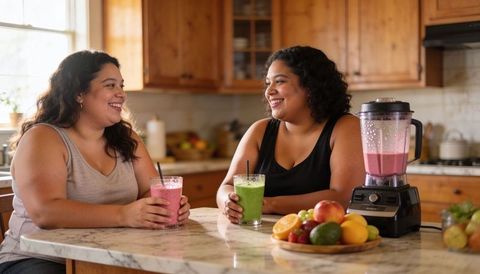 Friends chatting over smoothies at marble kitchen island with blender and fresh fruit