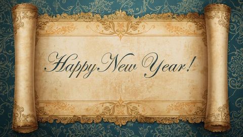 Vintage parchment scroll with ornate gold filigree and happy new year calligraphic script