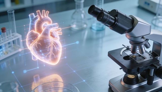 Holographic 3d heart hovering above lab bench next to microscope for cardiac research